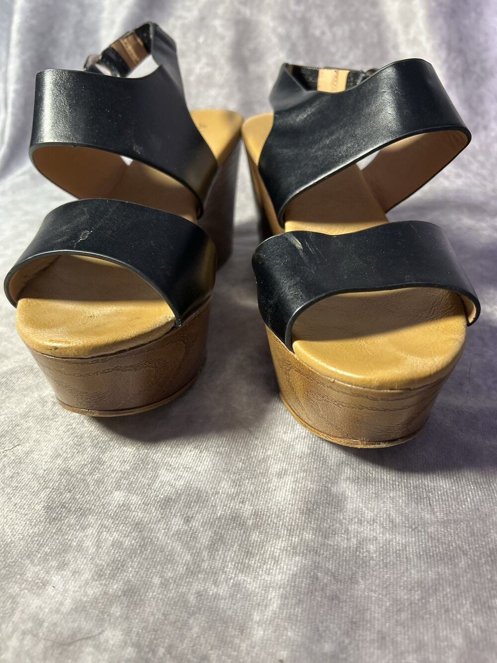 ALDO Women's Black Platform Wedge Sandals Size 8 / 8.5 Faux Wood Heel